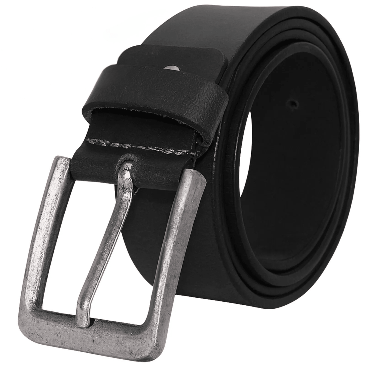 Black belt with a silver buckle on a white background