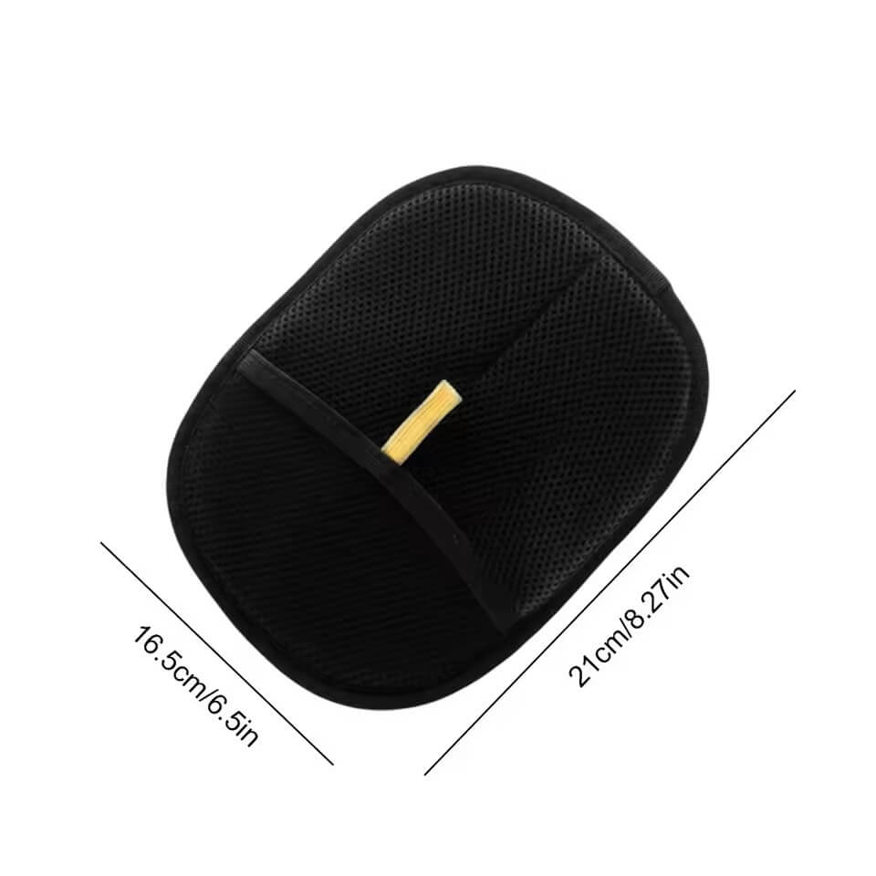 Black car seat cushion with a yellow strap and measurements on a white background