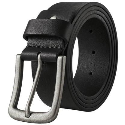 Black leather belt with a silver buckle on a white background