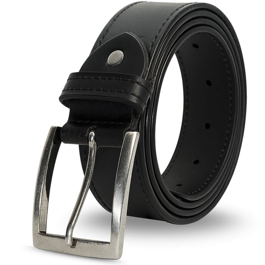 Black leather belt with silver buckle on a white background