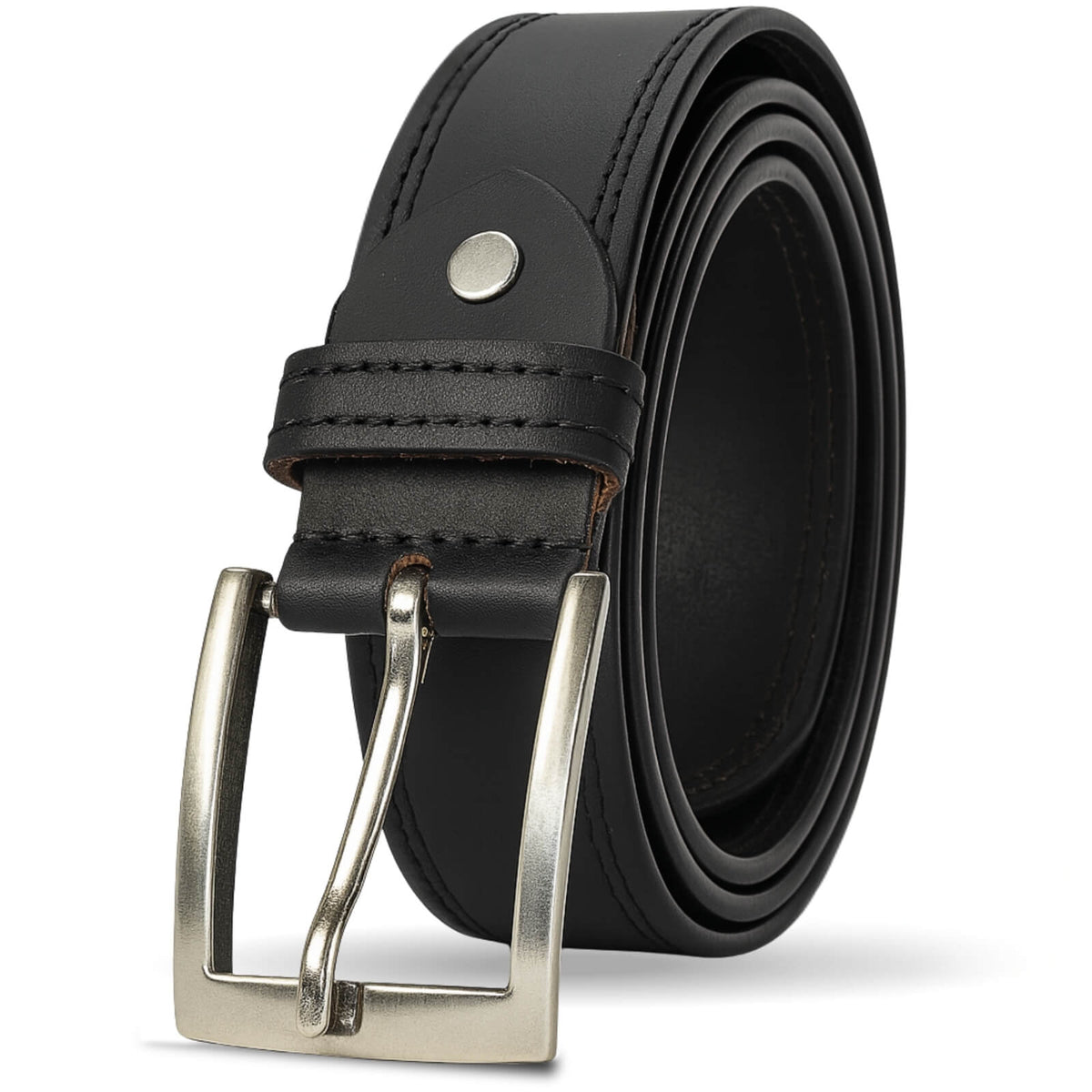 Black leather belt with silver buckle on a white background