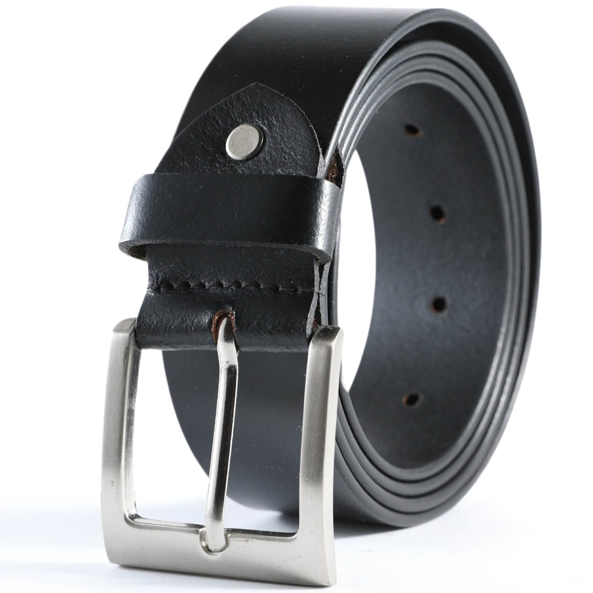 Black leather belt with silver buckle on a white background