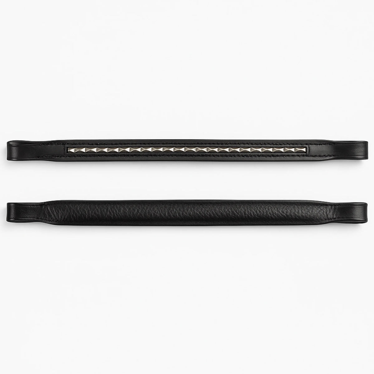 Black leather browband hardware on a white background