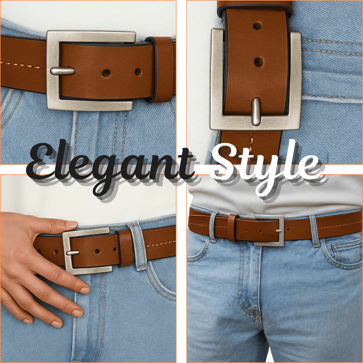 Brown belt with silver buckle on blue jeans, labeled 'Elegant Style'.