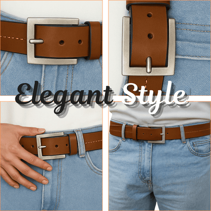 Brown belt with silver buckle on blue jeans, labeled 'Elegant Style'.