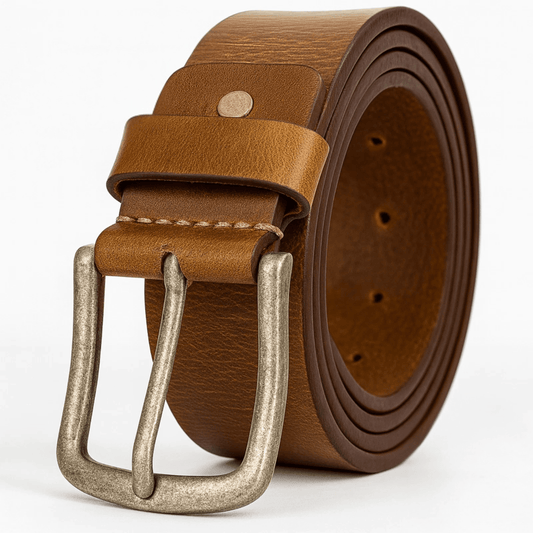 Brown leather belt with a silver buckle on a white background