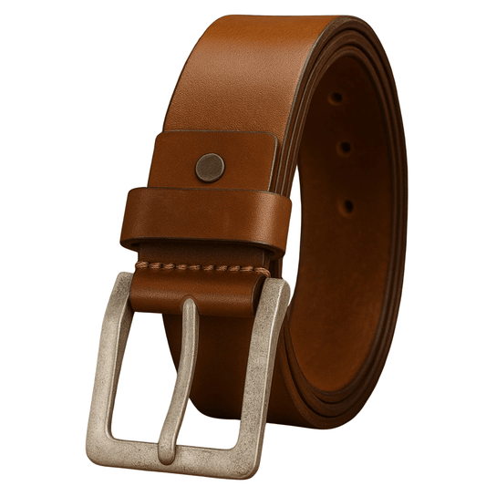 Brown leather belt with a silver buckle on a white background