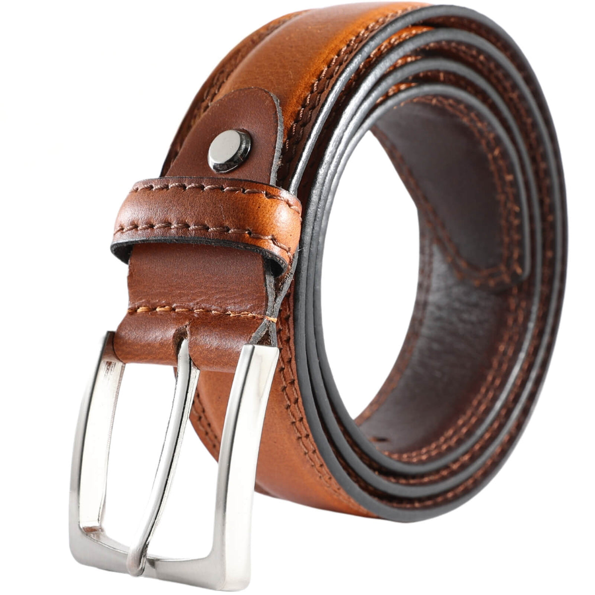 Brown leather belt with silver buckle on a white background