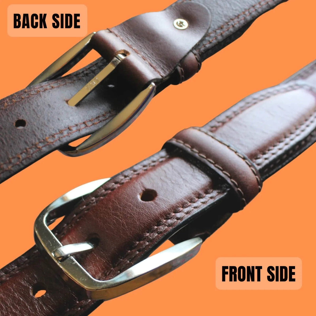 Brown leather belt with gold buckle shown from front and back on an orange background