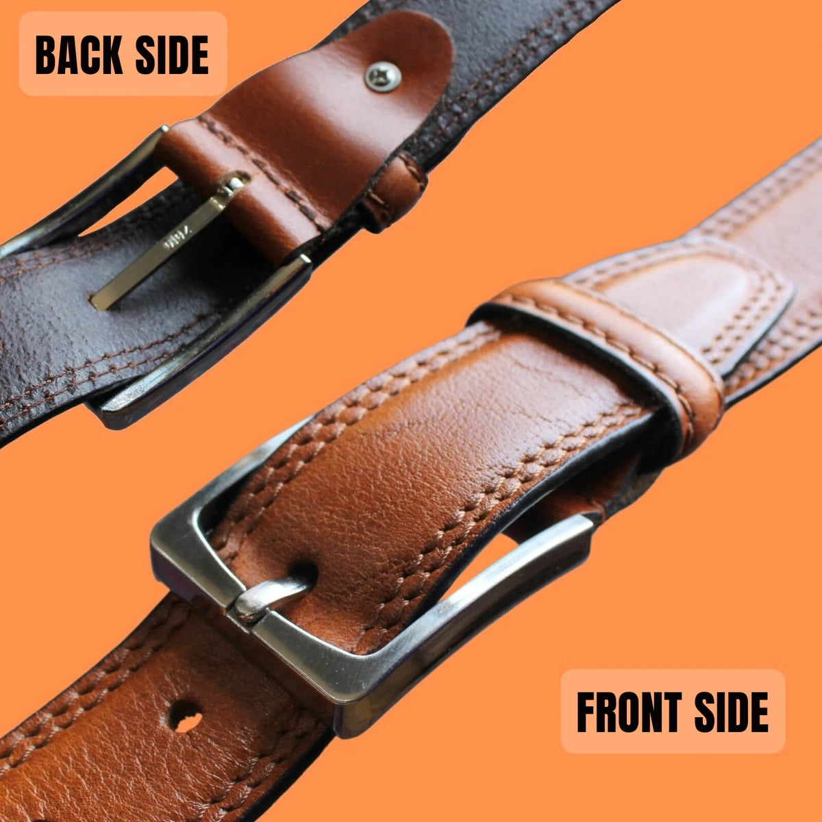 Brown leather belt with silver buckle on an orange background, showing front and back sides.