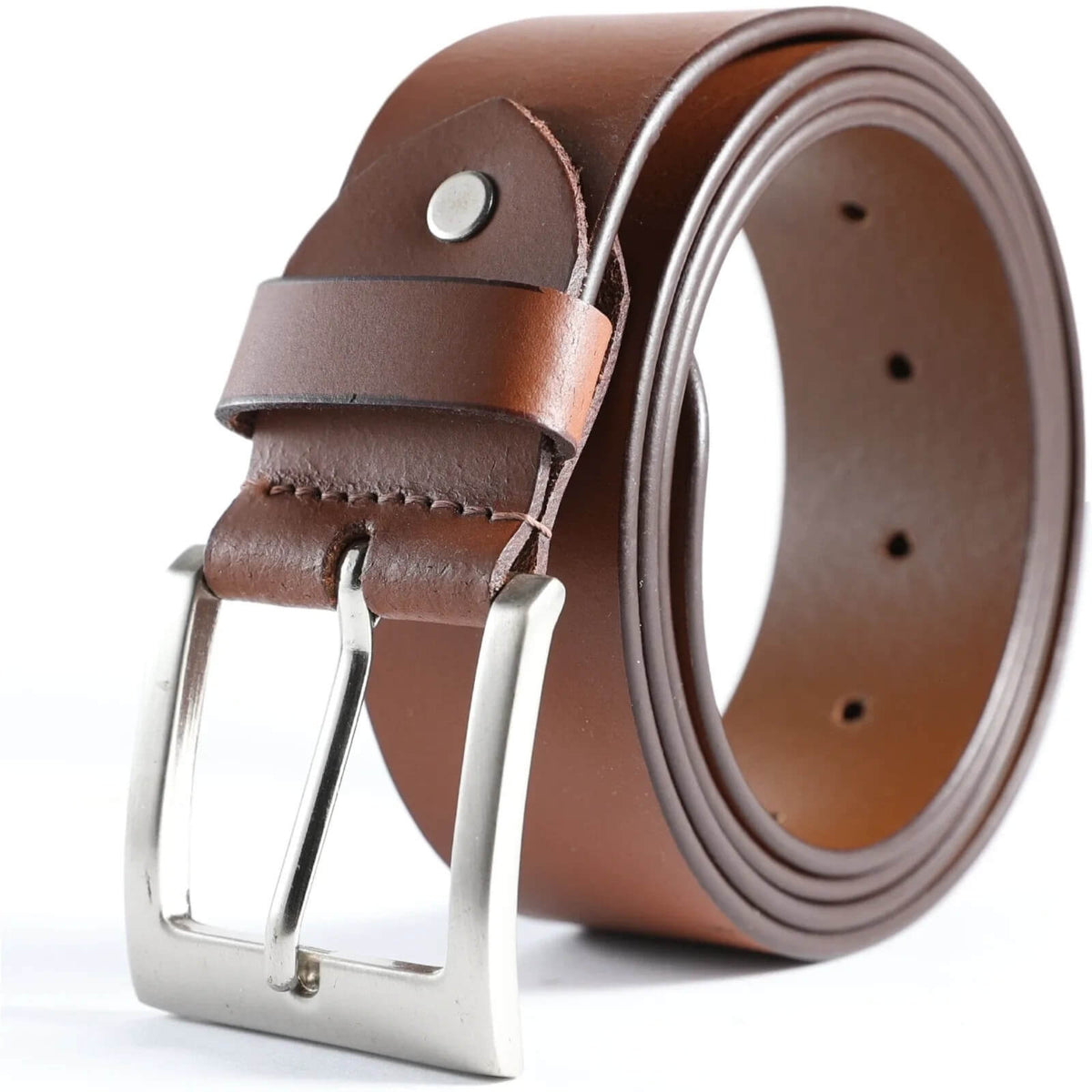 Brown leather belt with silver buckle on a white background