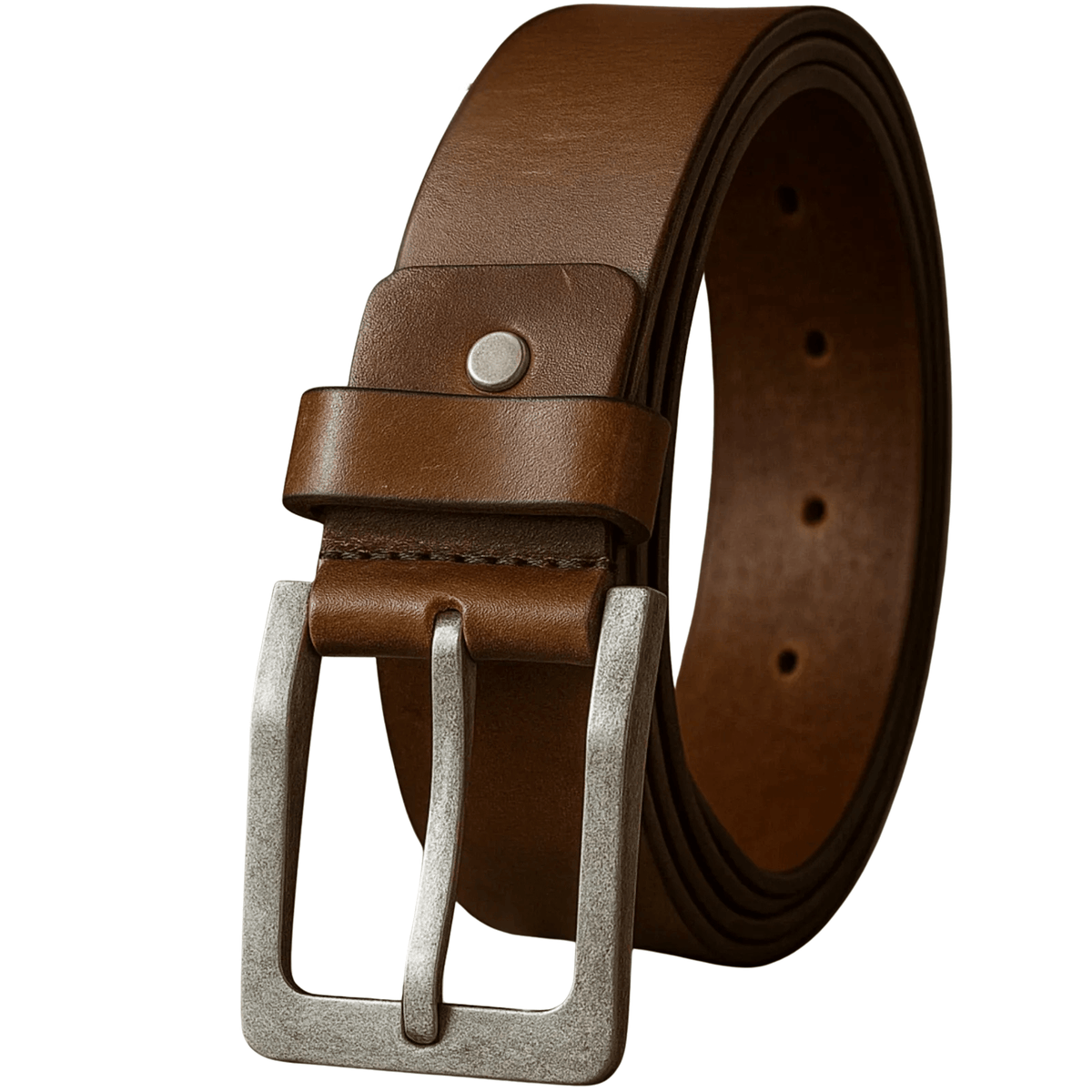 Brown leather belt with a silver buckle on a white background