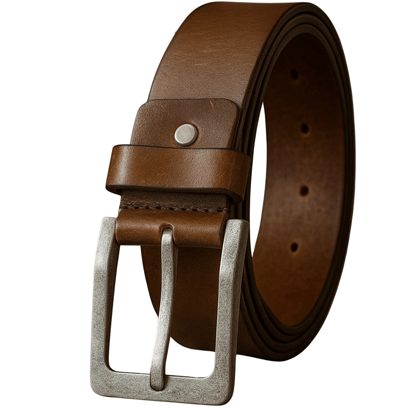 Brown leather belt with a silver buckle on a white background