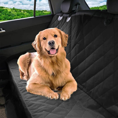 Dog sitting on a black car seat cover in a vehicle with greenery outside.