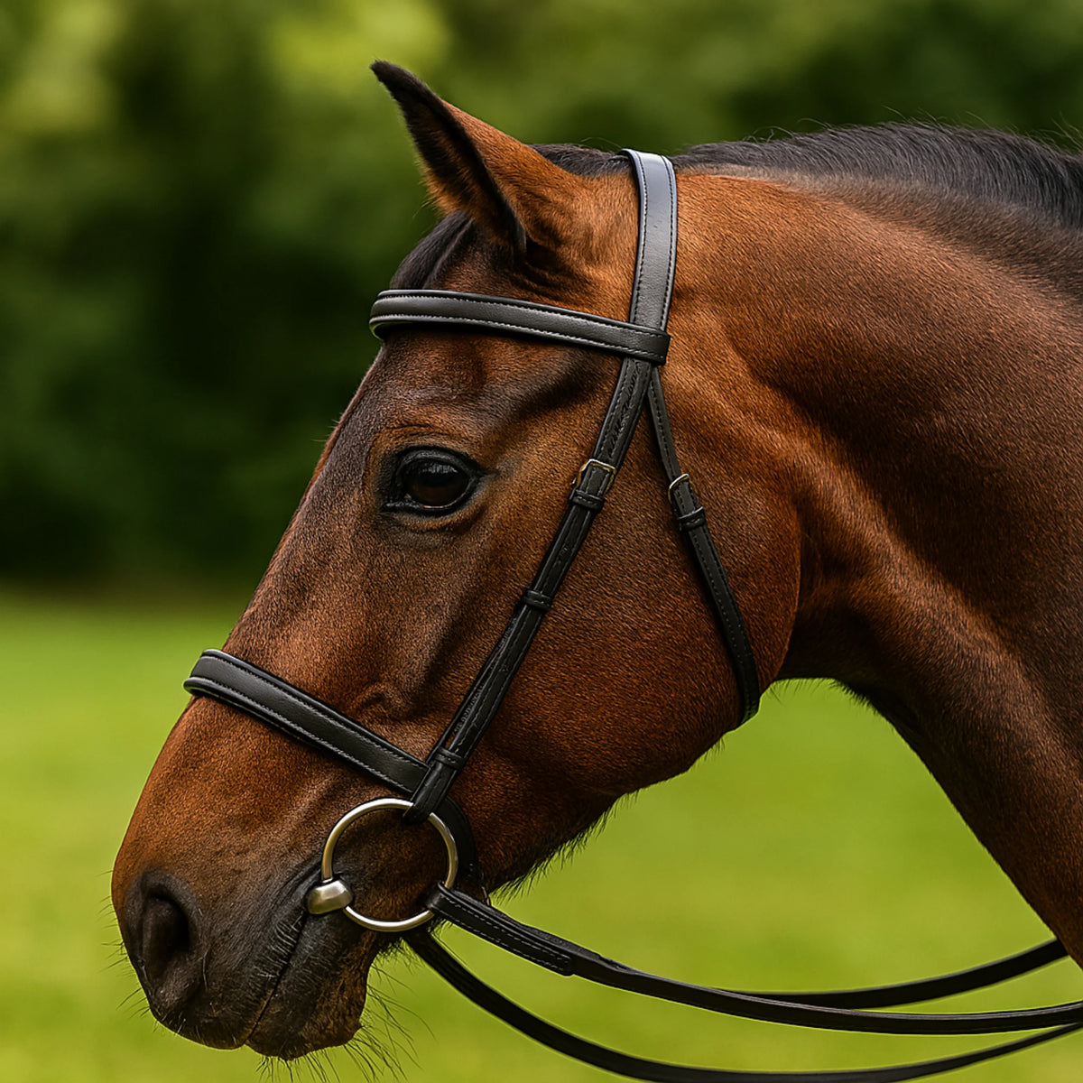 Brown horse wearing a bridle with a blurred green background