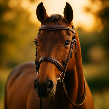 Brown horse with a bridle against a blurred natural background