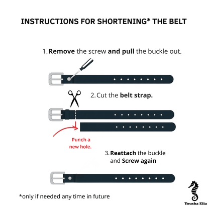 Instructions for shortening a belt with illustrations and text on a white background.