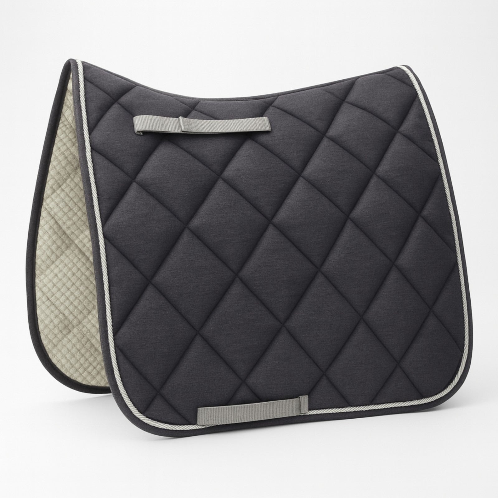 Black quilted saddle pad with gray accents on a white background