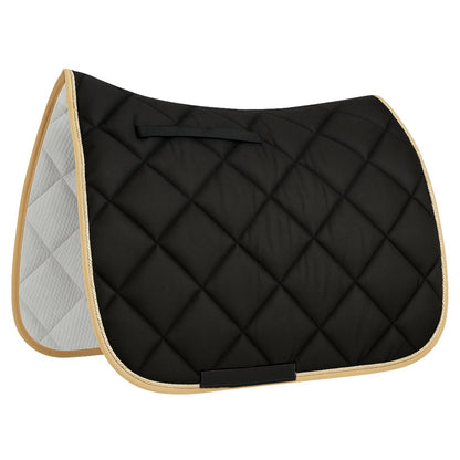 Black quilted saddle pad with beige edges on a white background