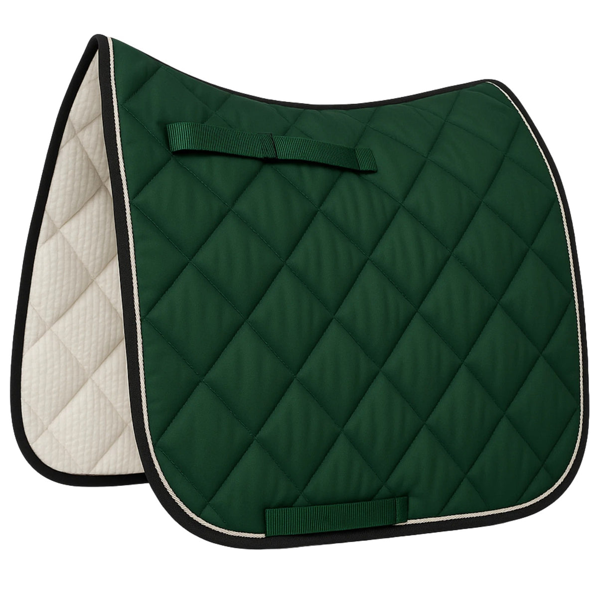 Green quilted saddle pad with white interior on a white background