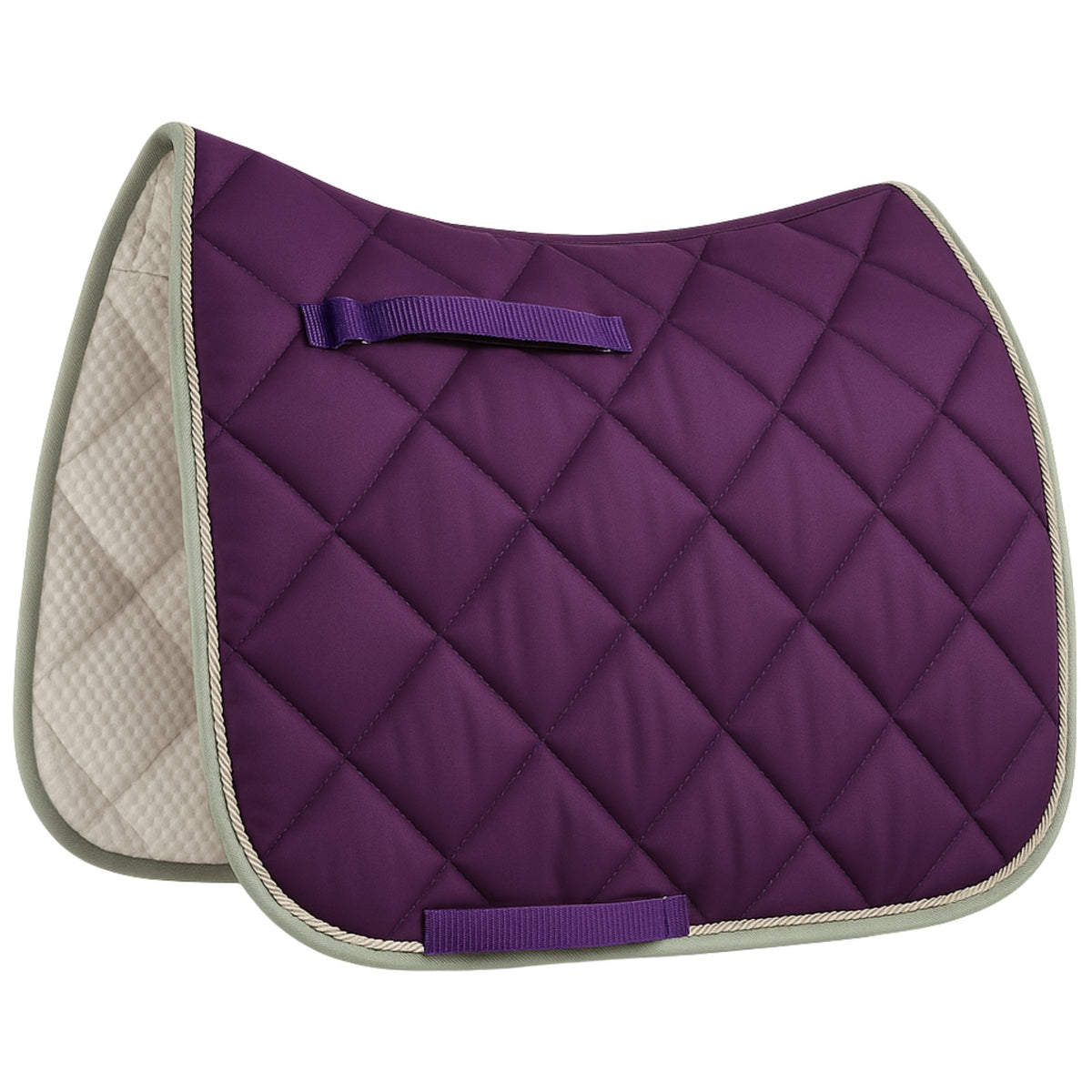 Purple quilted saddle pad with gray border on a white background