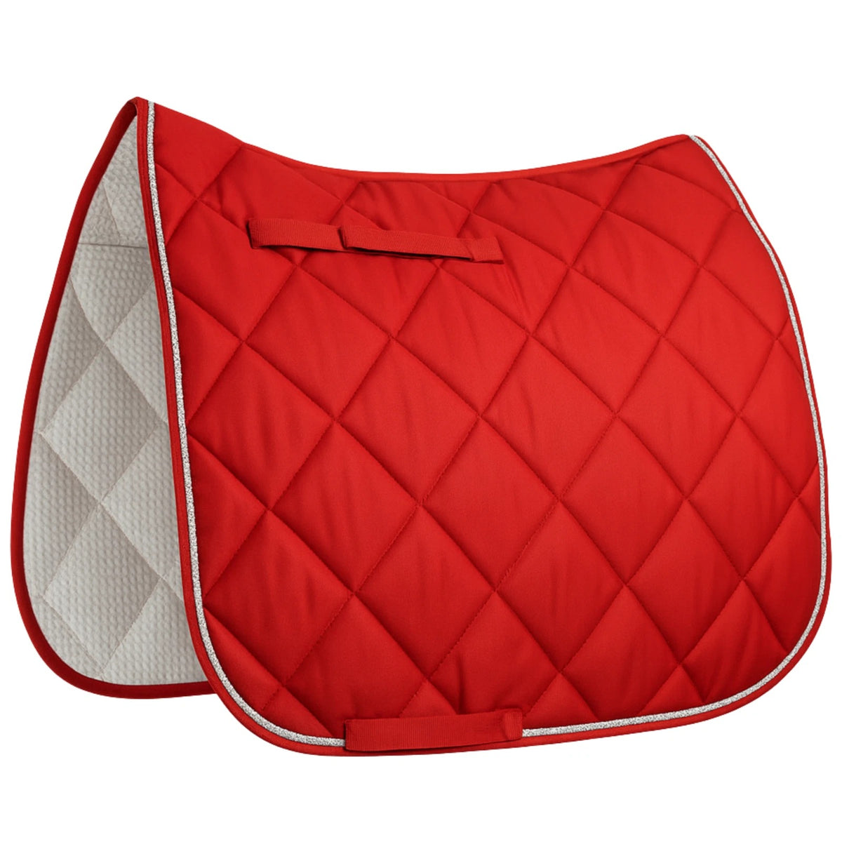 Red quilted saddle pad with white border on a white background