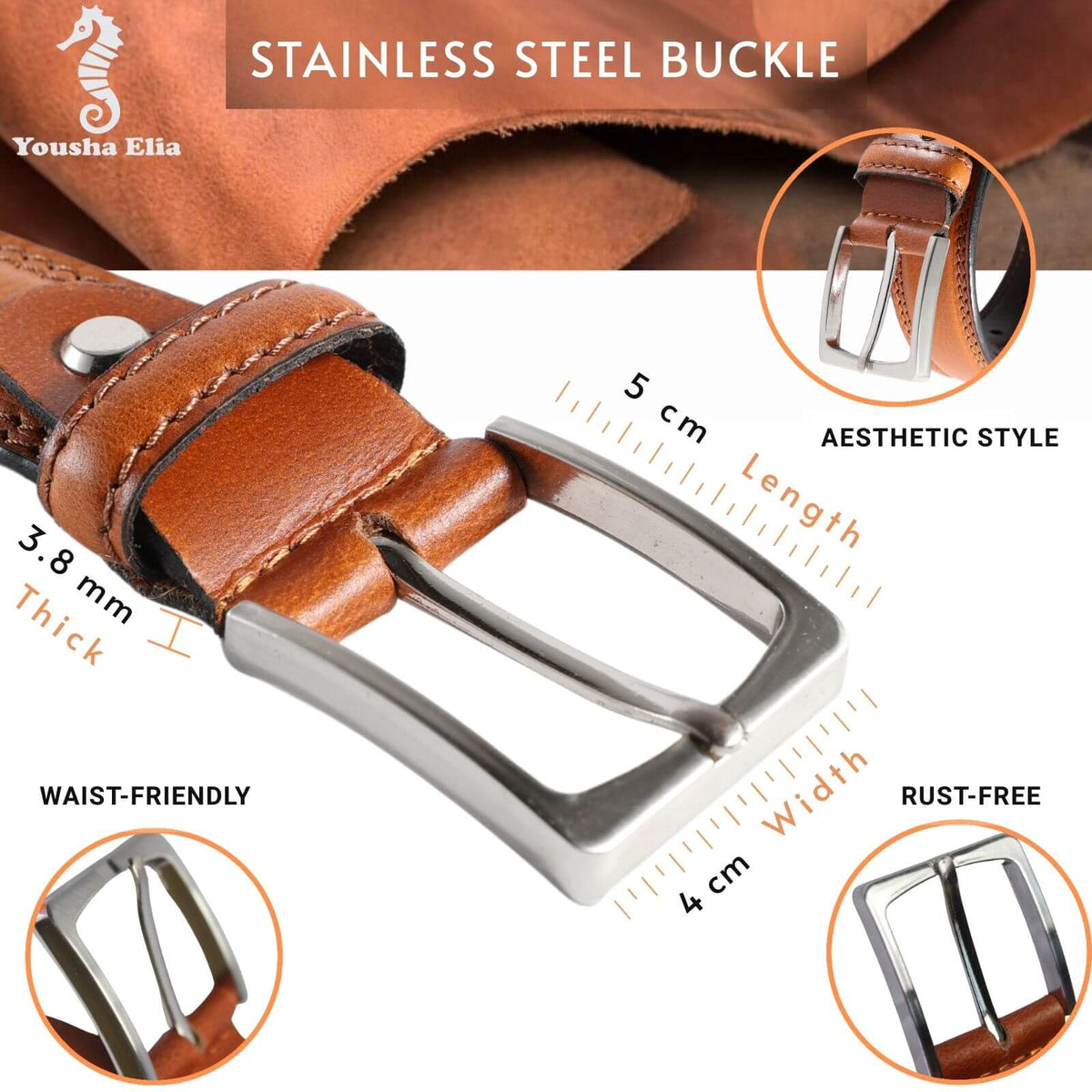 Brown leather belt with stainless steel buckle, showing measurements and features.