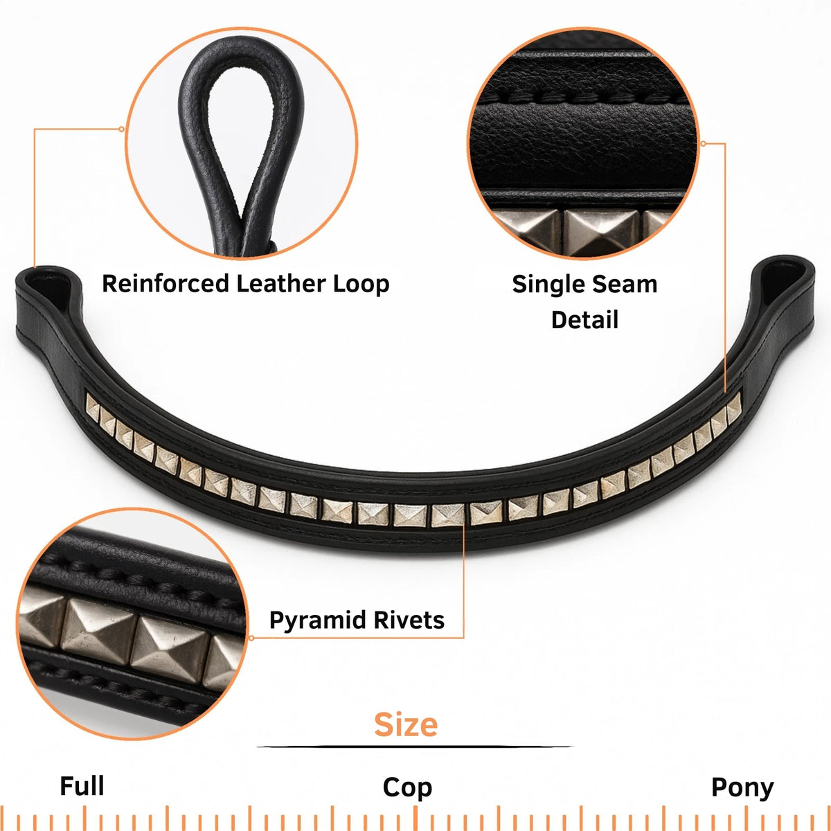 Luxury Black Studded Browband - Full Grain Leather - Youshaelia
