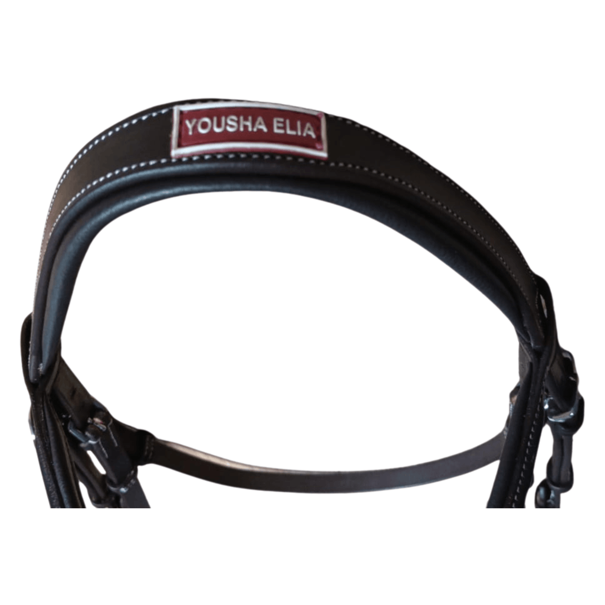 Black leather bridle with 'Yousha Elia' branding on a white background
