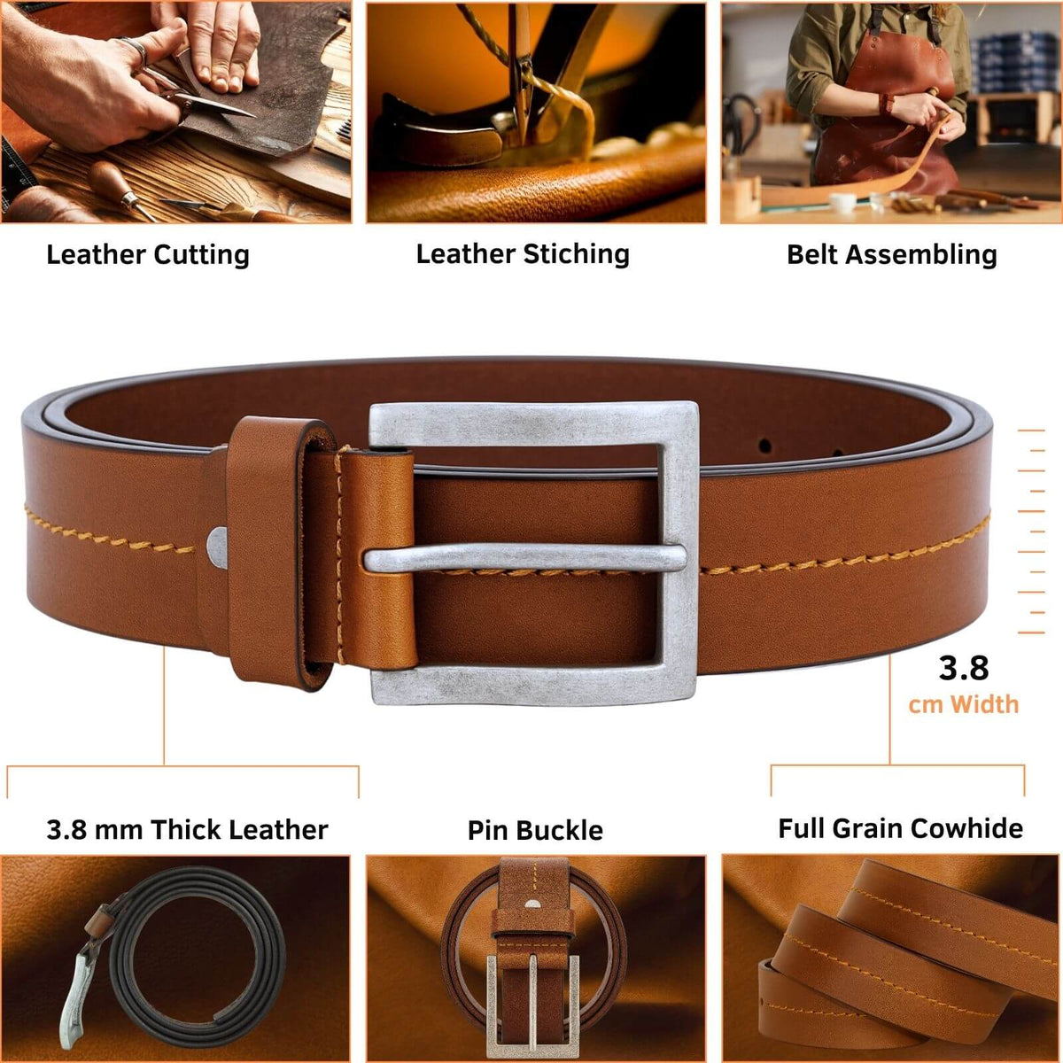Brown leather belt with silver buckle, showing manufacturing process steps on a white background.
