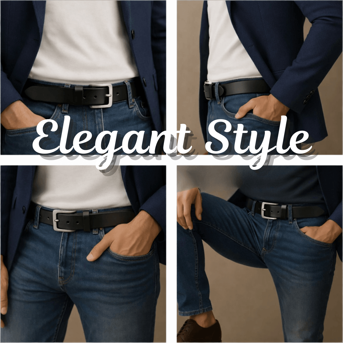 Person wearing a navy blazer, white shirt, and blue jeans with a black belt, labeled 'Elegant Style'.