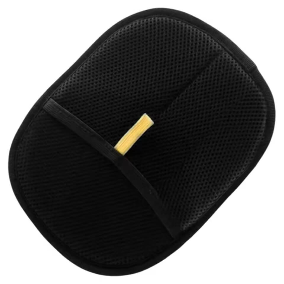 Black mesh car seat cushion with a yellow label on a white background
